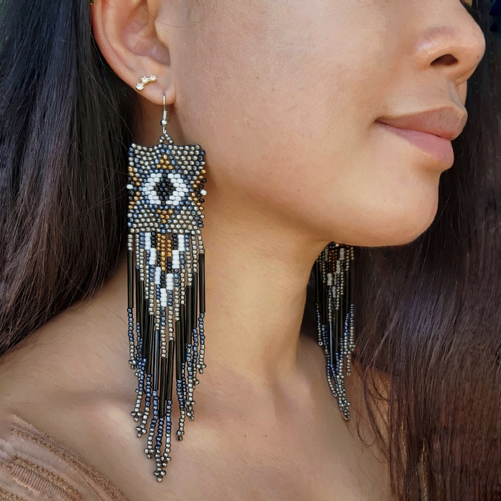 Long XL Boho Fringe Beaded Earrings Handmade Western Jewelry Tribal Boheme Black